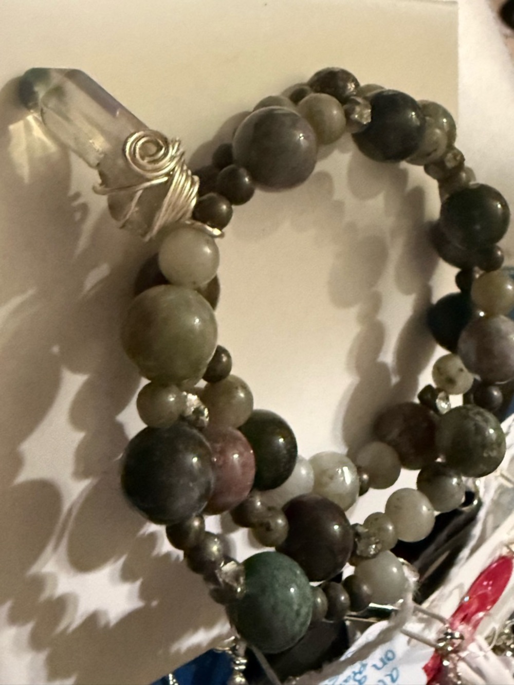 Multi-Color Agate Bead Wrap Bracelet with Clear Quartz Charm - Picture 2 of 3